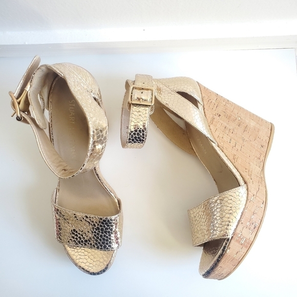 New Stuart Weitzman Twofer Gold Python Platform Cork Wedge Size 9 - Picture 1 of 13